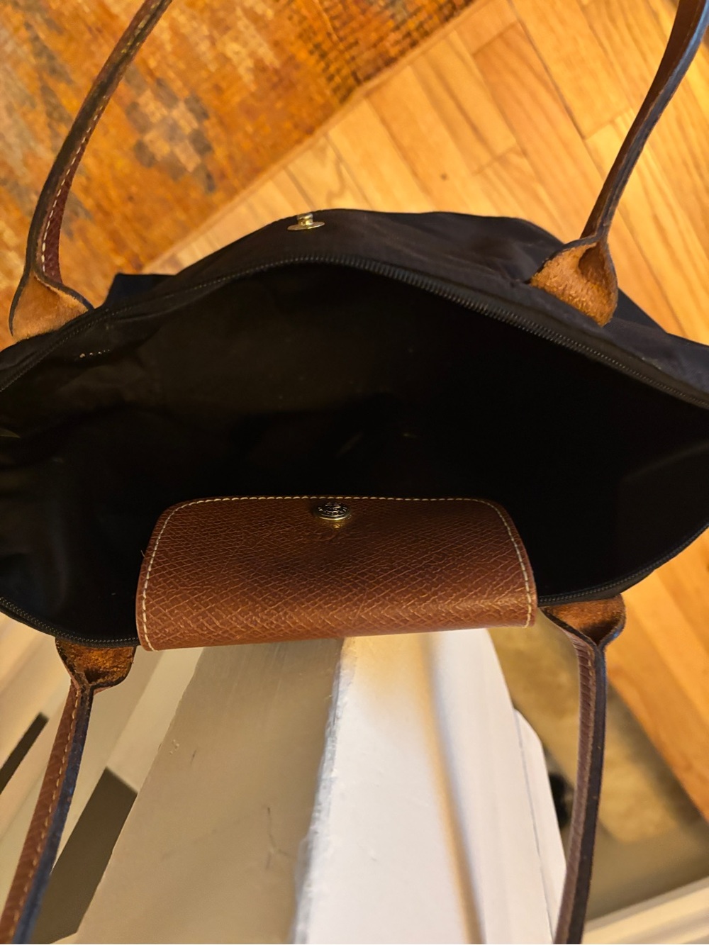 Longchamp Black Nylon Tote with Brown Leather Trim - Picture 2 of 6